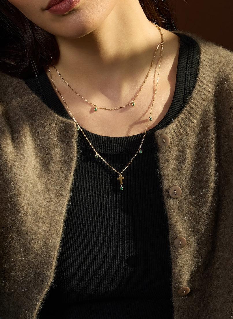 Double Strand Gold and Emerald Cross Necklace