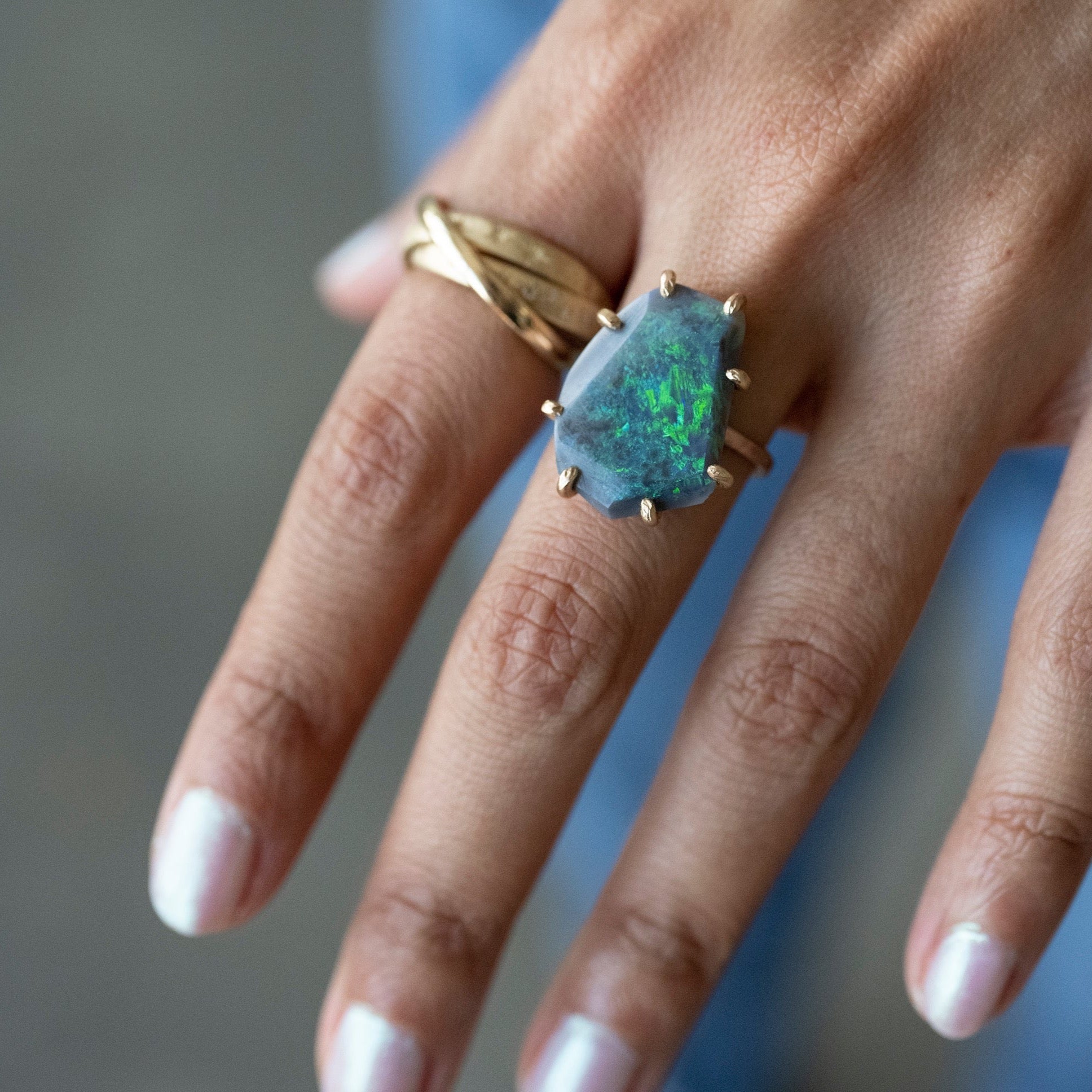 Exceptional Australian Opal Large Stone Ring with 14k Rose Gold Band | Variance Objects