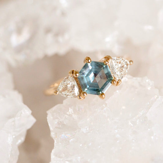 1.25 ct Hexagon Teal Green Sapphire and Diamond Engagement Ring | SUREFIRE FINE JEWELRY | 14K Gold