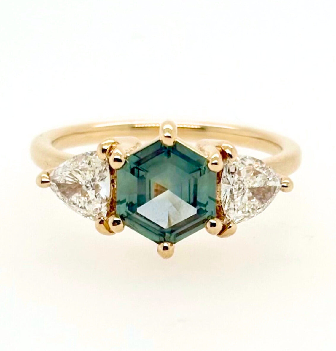 1.25 ct Hexagon Teal Green Sapphire and Diamond Engagement Ring | SUREFIRE FINE JEWELRY | 14K Gold