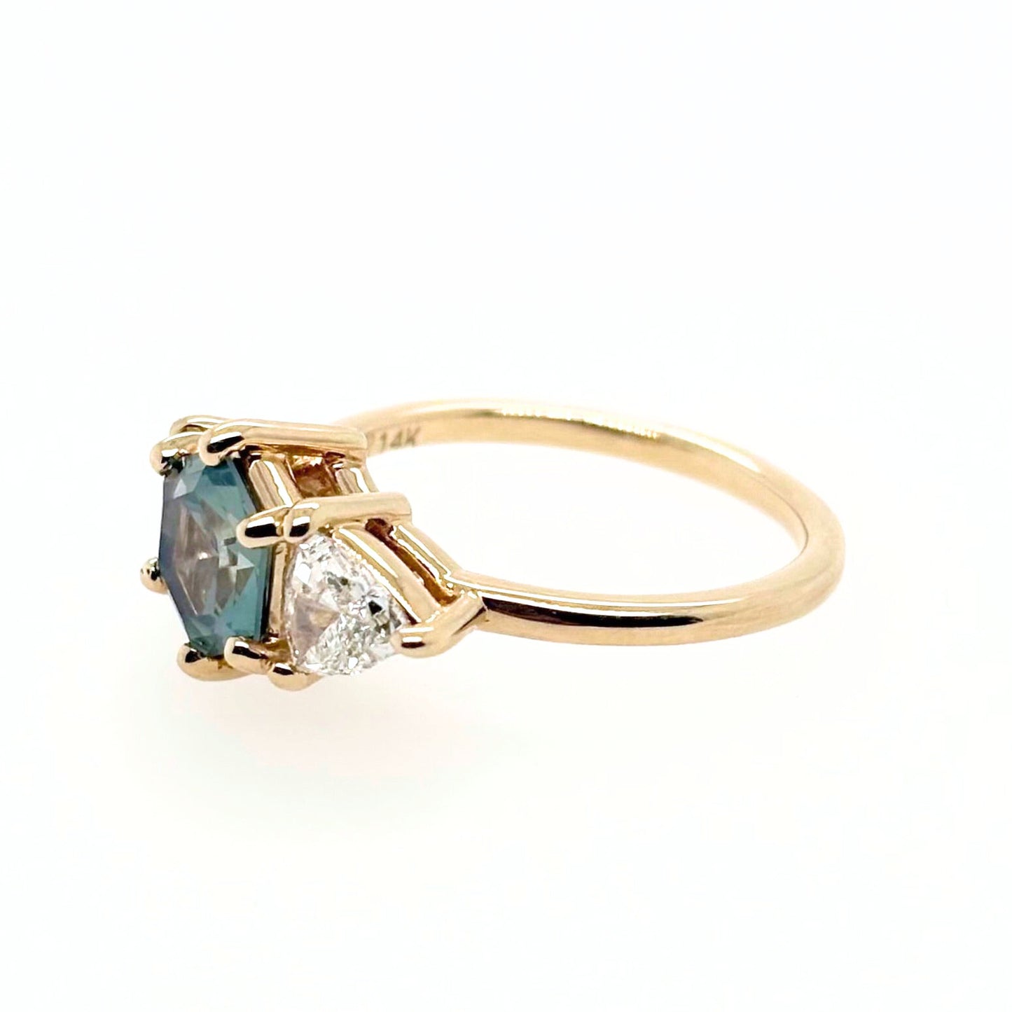 1.25 ct Hexagon Teal Green Sapphire and Diamond Engagement Ring | SUREFIRE FINE JEWELRY | 14K Gold
