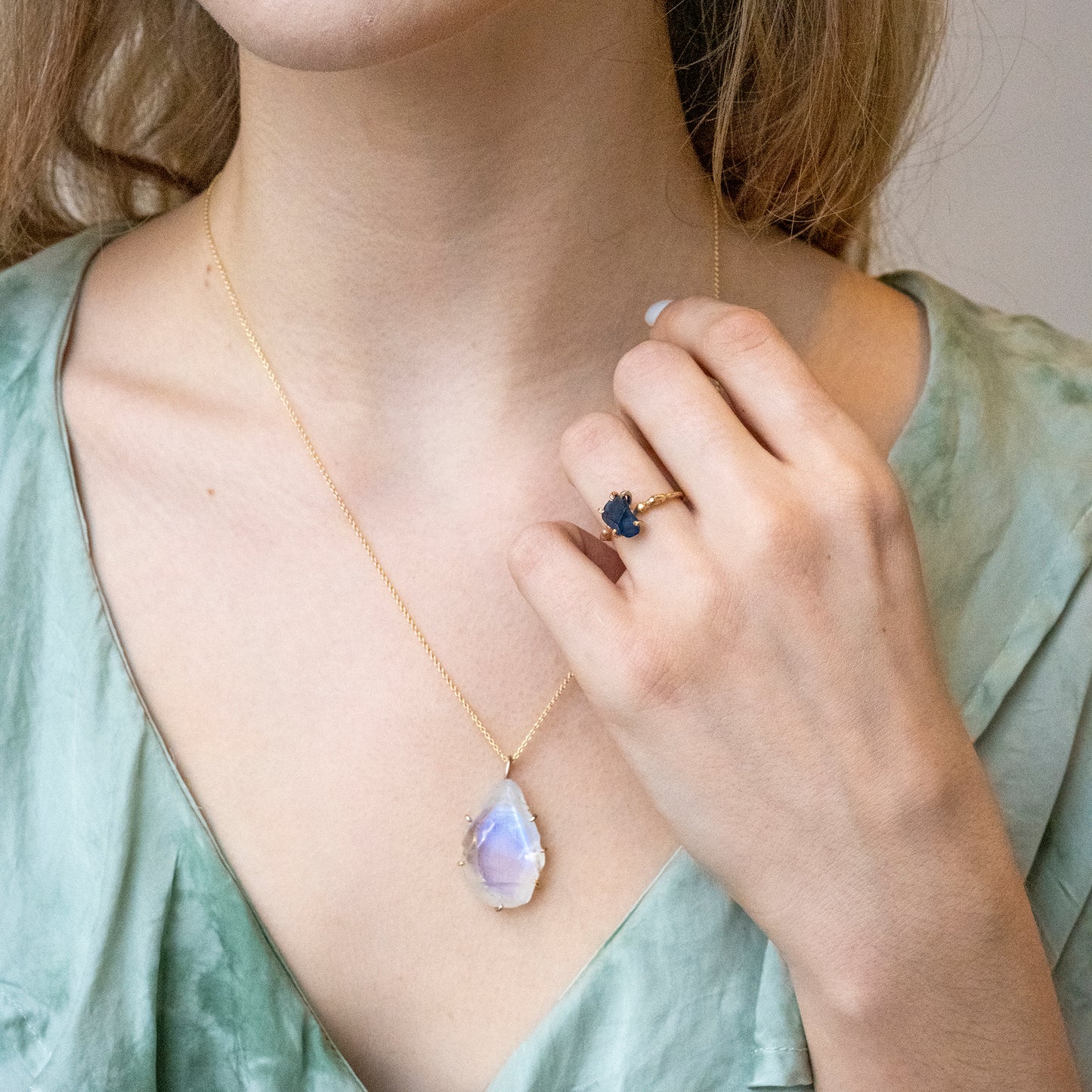 Rainbow Moonstone Large Stone Pendant with Yellow Gold Cable Chain