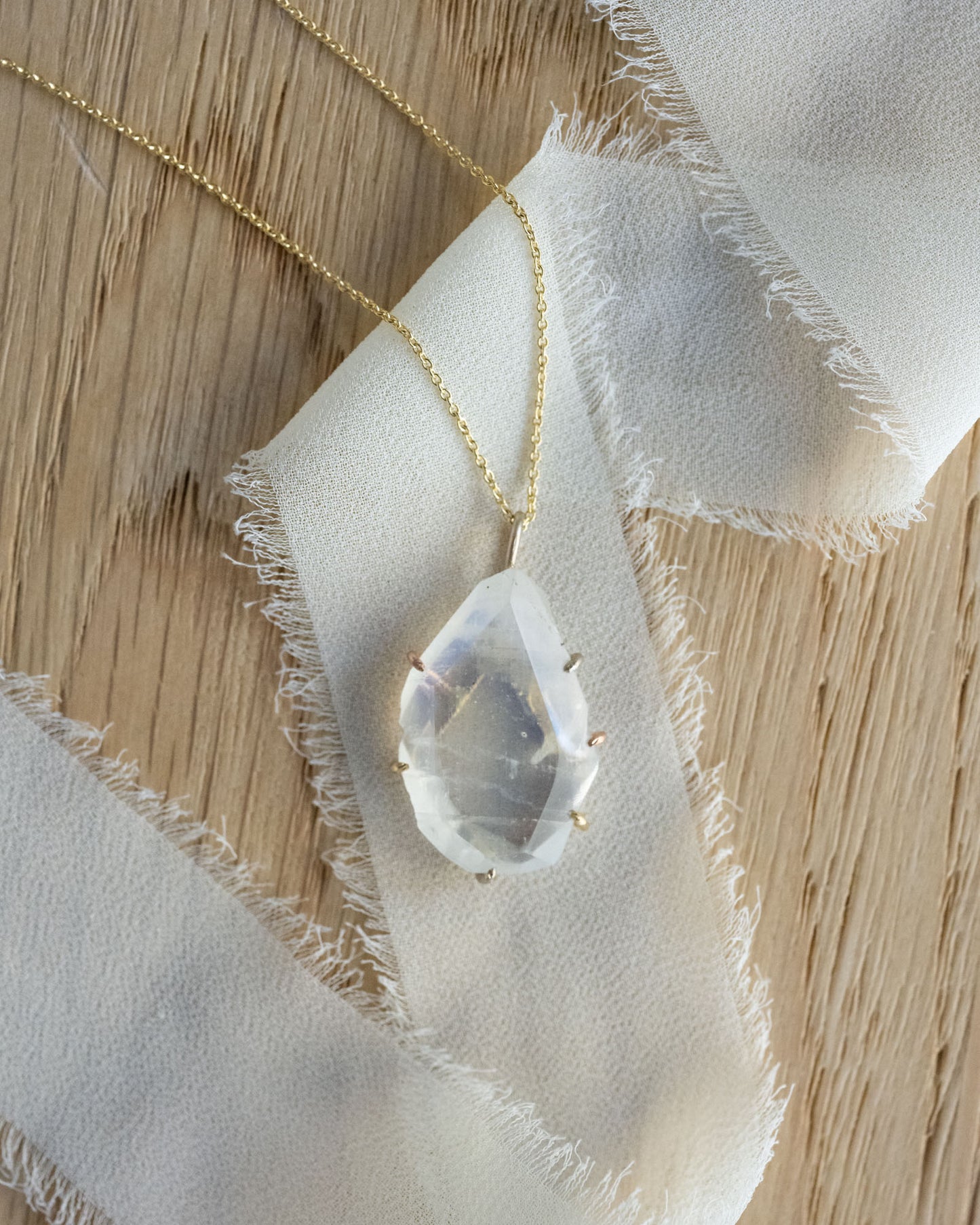 Rainbow Moonstone Large Stone Pendant with Yellow Gold Cable Chain