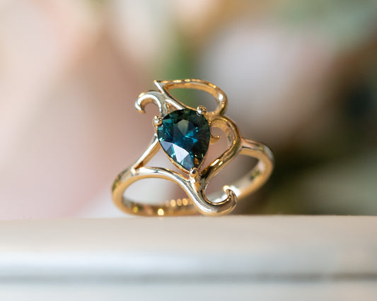 1.34ct Teal Pear Sapphire Wisp Ring | SUREFIRE FINE JEWELRY | 14K Gold