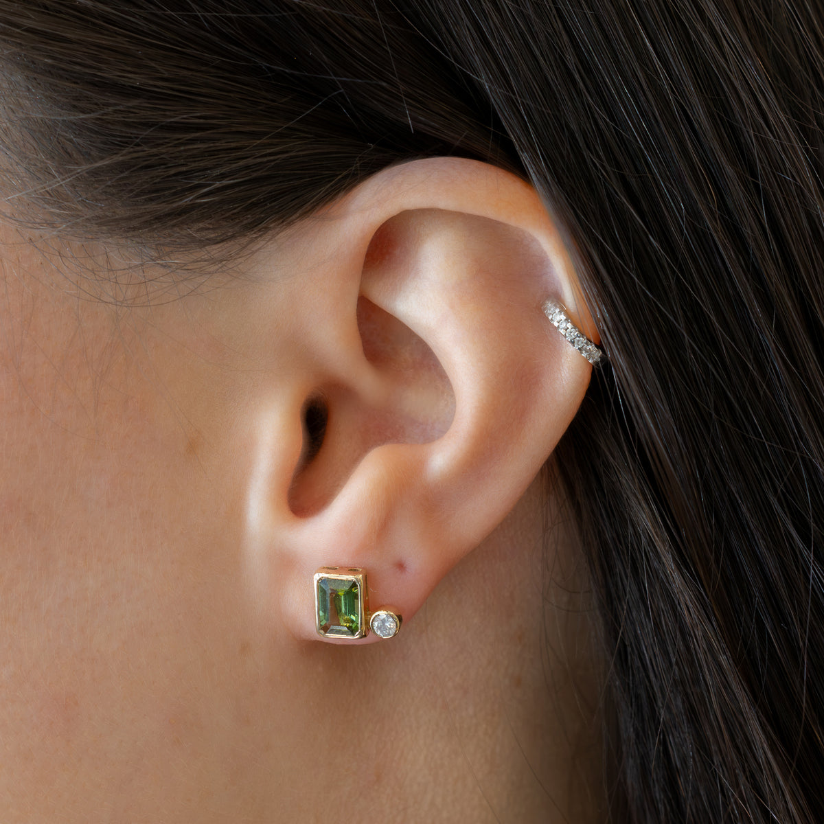 Green Tourmaline Studs w/ Accent Diamonds