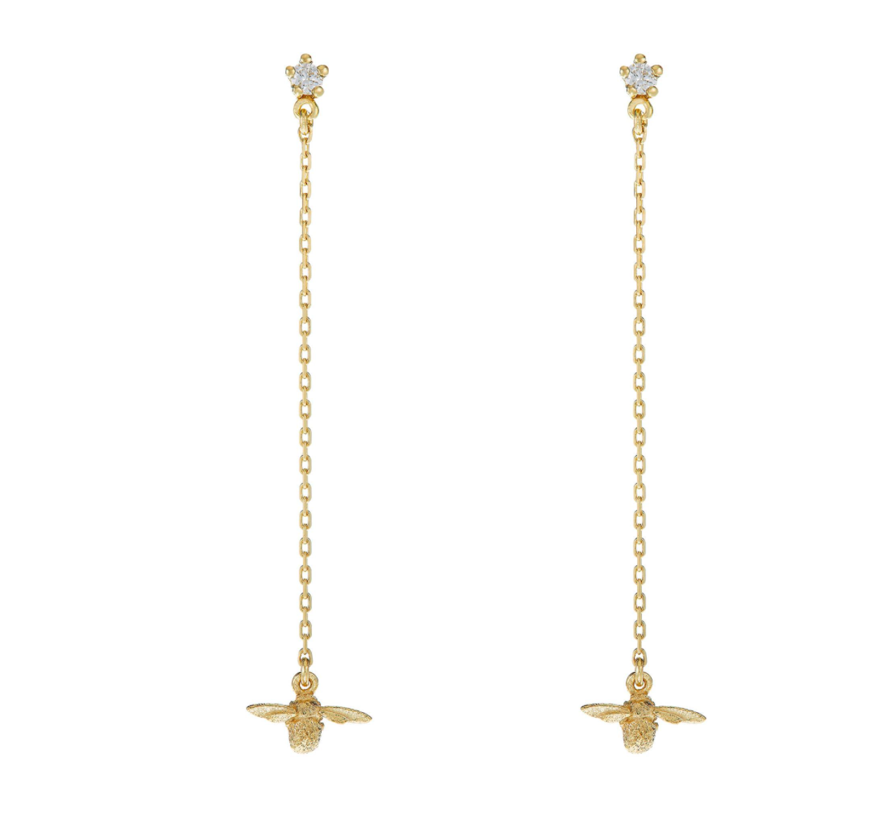 Diamond Stud Earrings w/ Fine Chain Bee Drops