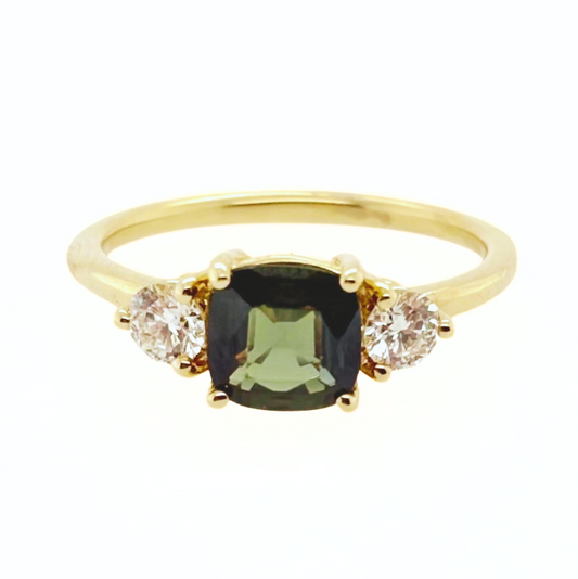 Three Stone Teal Blue Green Sapphire Ring With Diamond Side Stones | SUREFIRE FINE JEWELRY | 14K Gold
