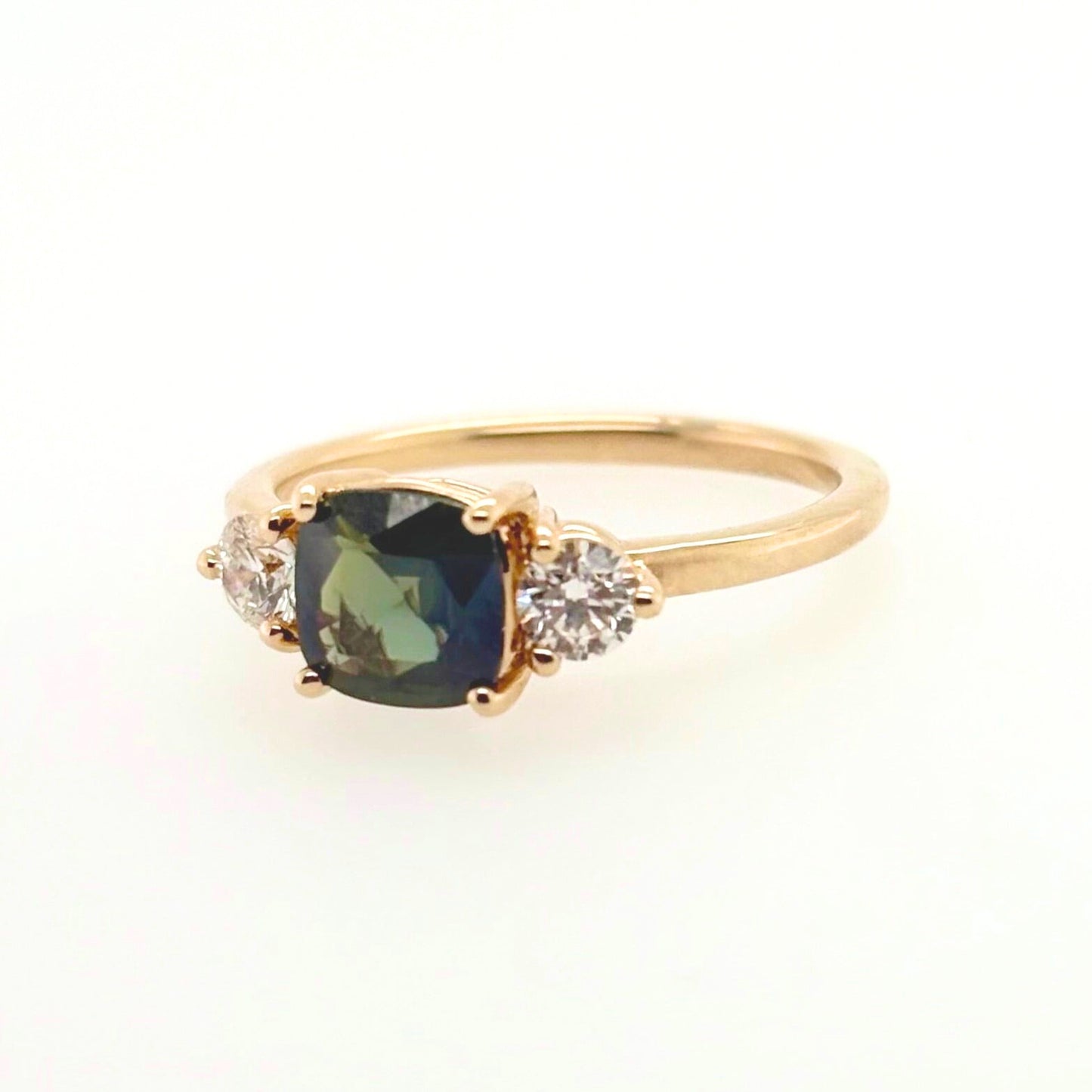 Three Stone Teal Blue Green Sapphire Ring With Diamond Side Stones | SUREFIRE FINE JEWELRY | 14K Gold 2