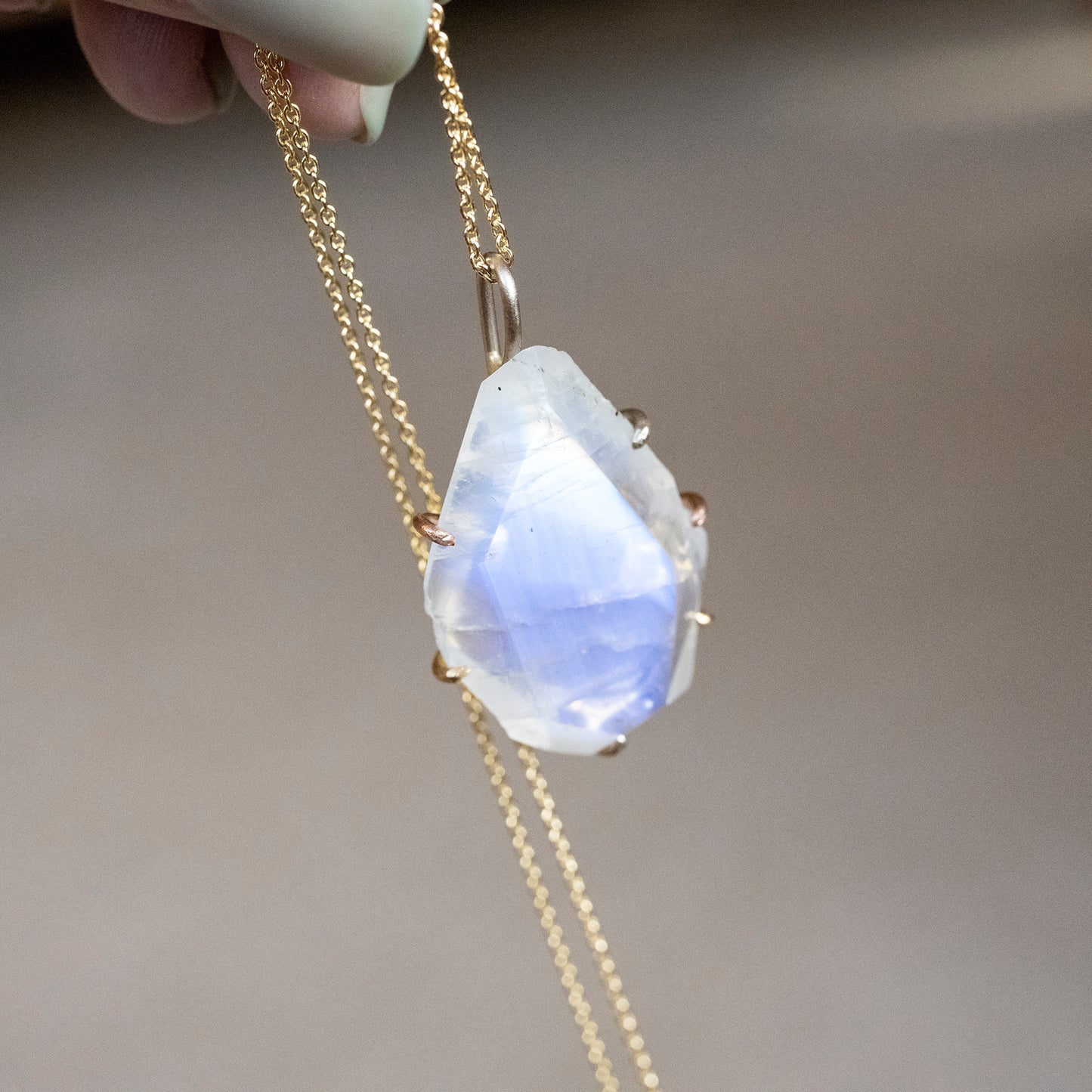 Rainbow Moonstone Large Stone Pendant with Yellow Gold Cable Chain