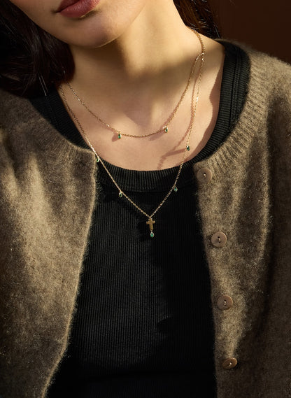 Double Strand Gold and Emerald Cross Necklace