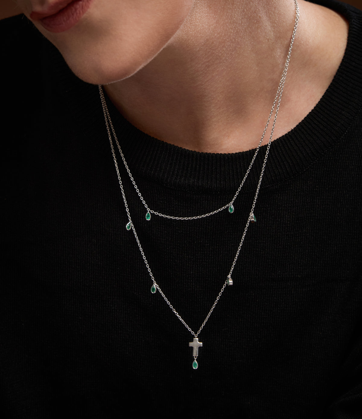 Double Strand Silver and Emerald Cross Necklace
