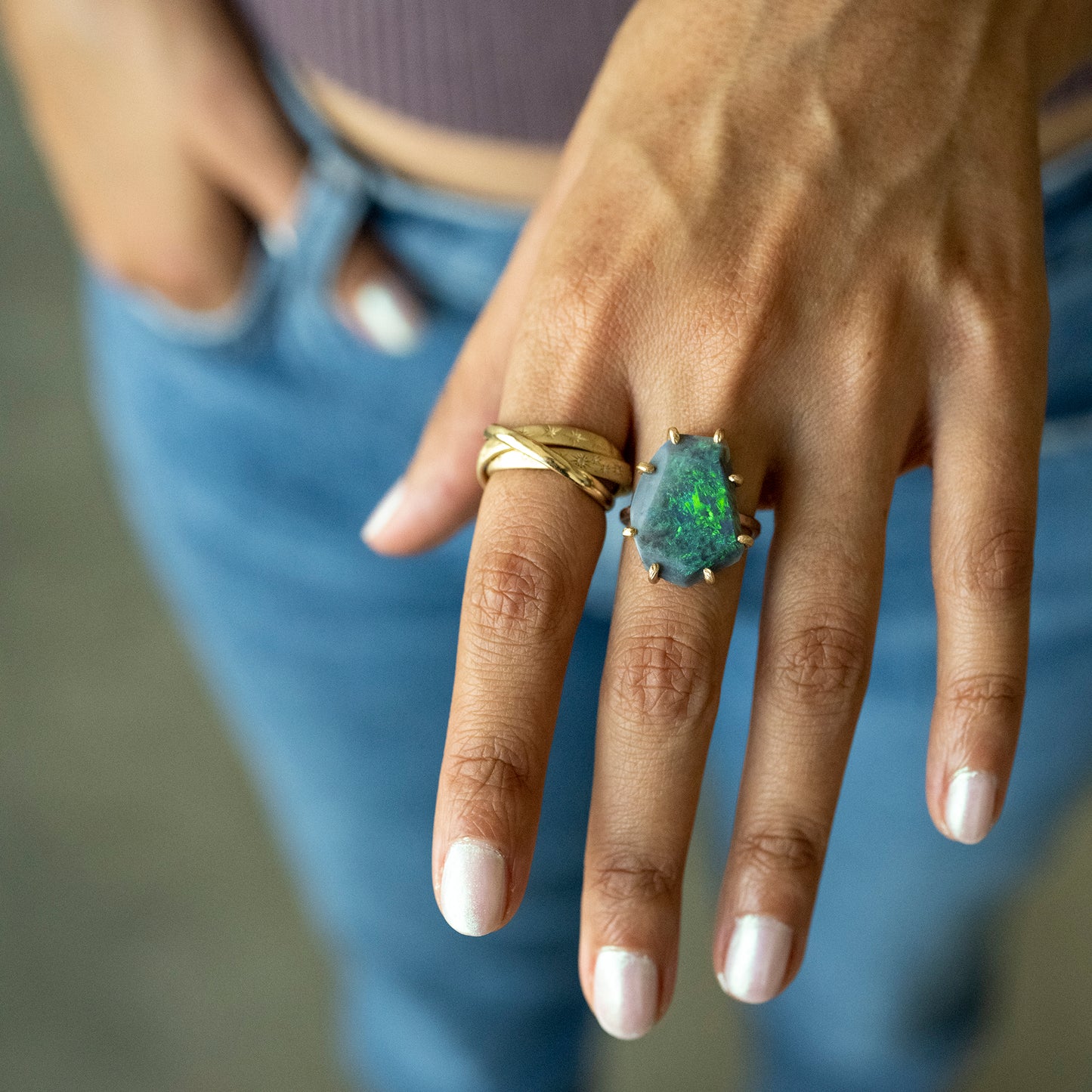 Exceptional Australian Opal Large Stone Ring with 14k Rose Gold Band