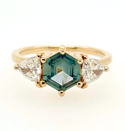 1.25 ct Hexagon Teal Green Sapphire and Diamond Engagement Ring | SUREFIRE FINE JEWELRY | 14K Gold