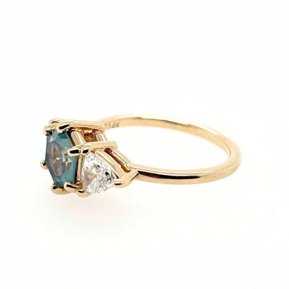 1.25 ct Hexagon Teal Green Sapphire and Diamond Engagement Ring | SUREFIRE FINE JEWELRY | 14K Gold