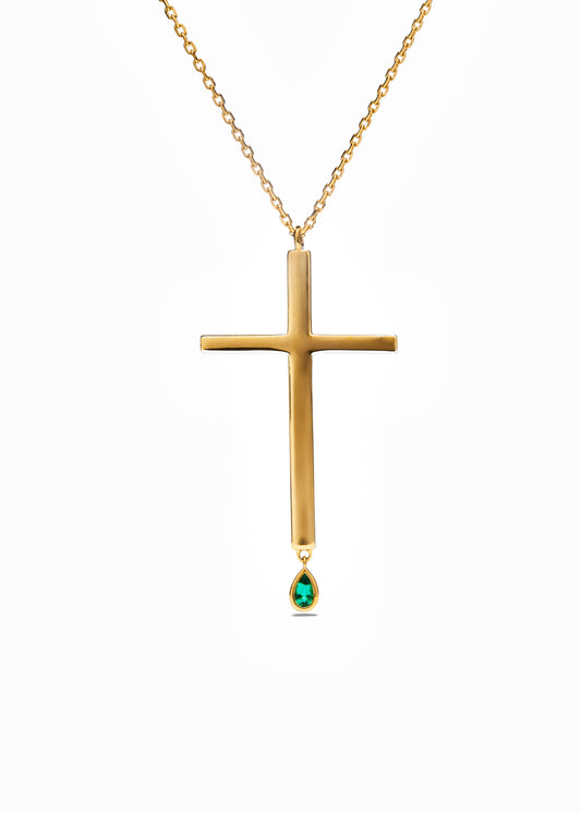 Large Emerald and Gold Cross Necklace