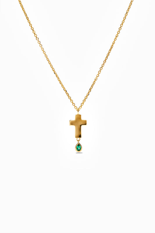 Small Gold and Emerald Cross Necklace
