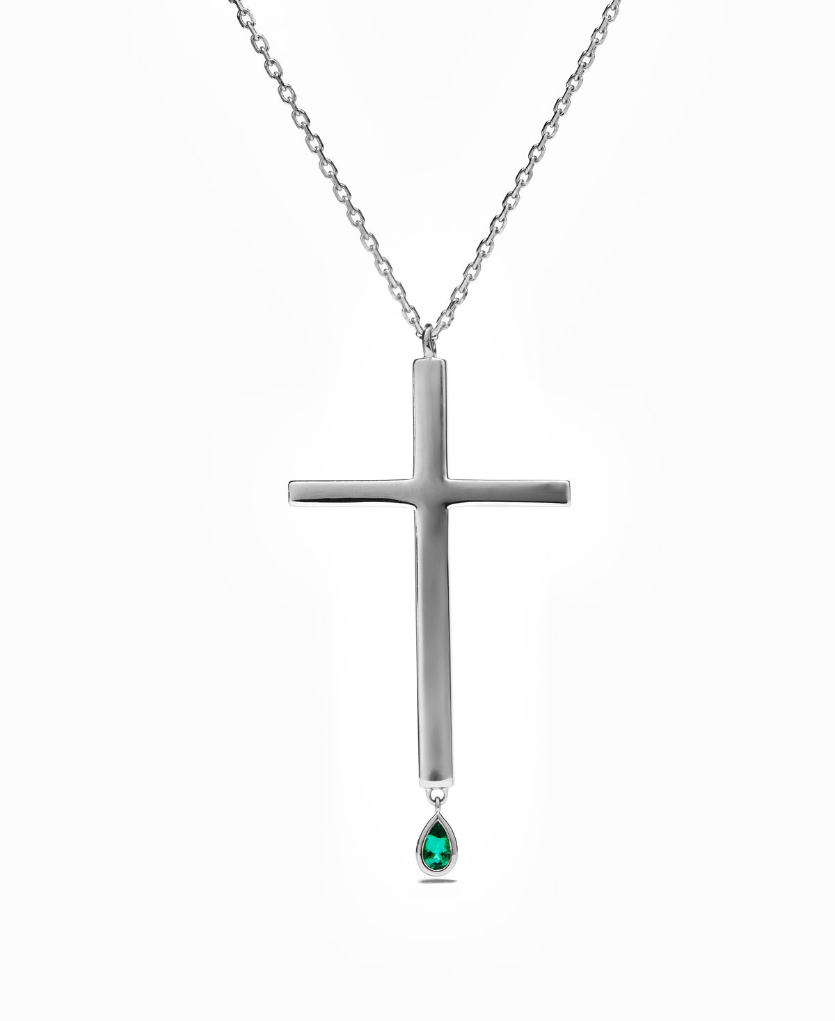 Large Emerald and Silver Cross Necklace