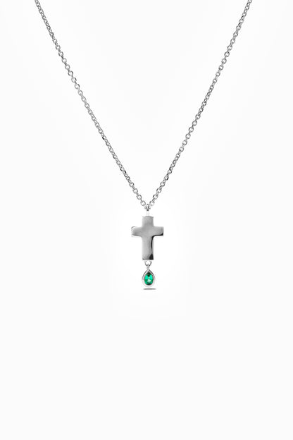 Small Silver Emerald Cross Necklace