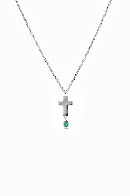 Small Silver Emerald Cross Necklace