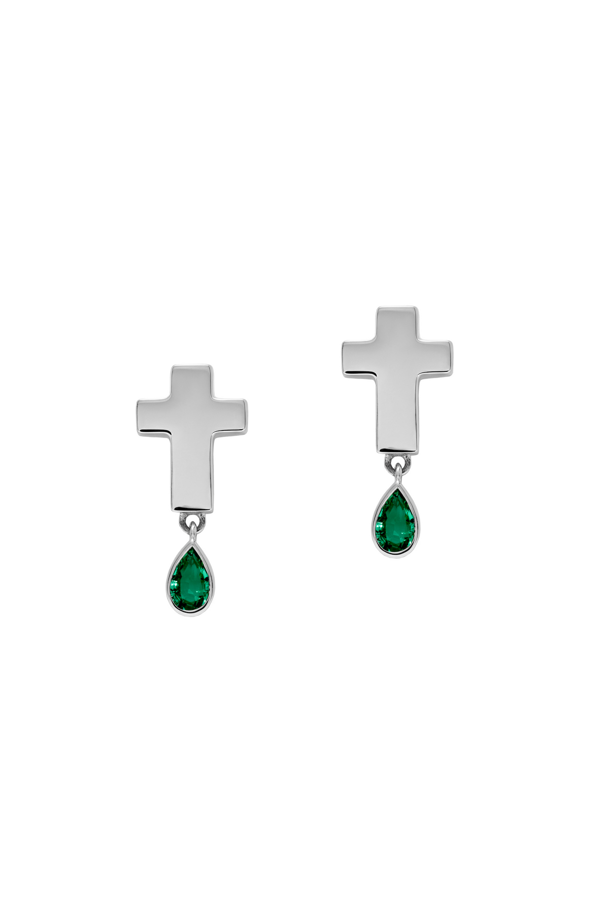 Silver Emerald Cross Studs