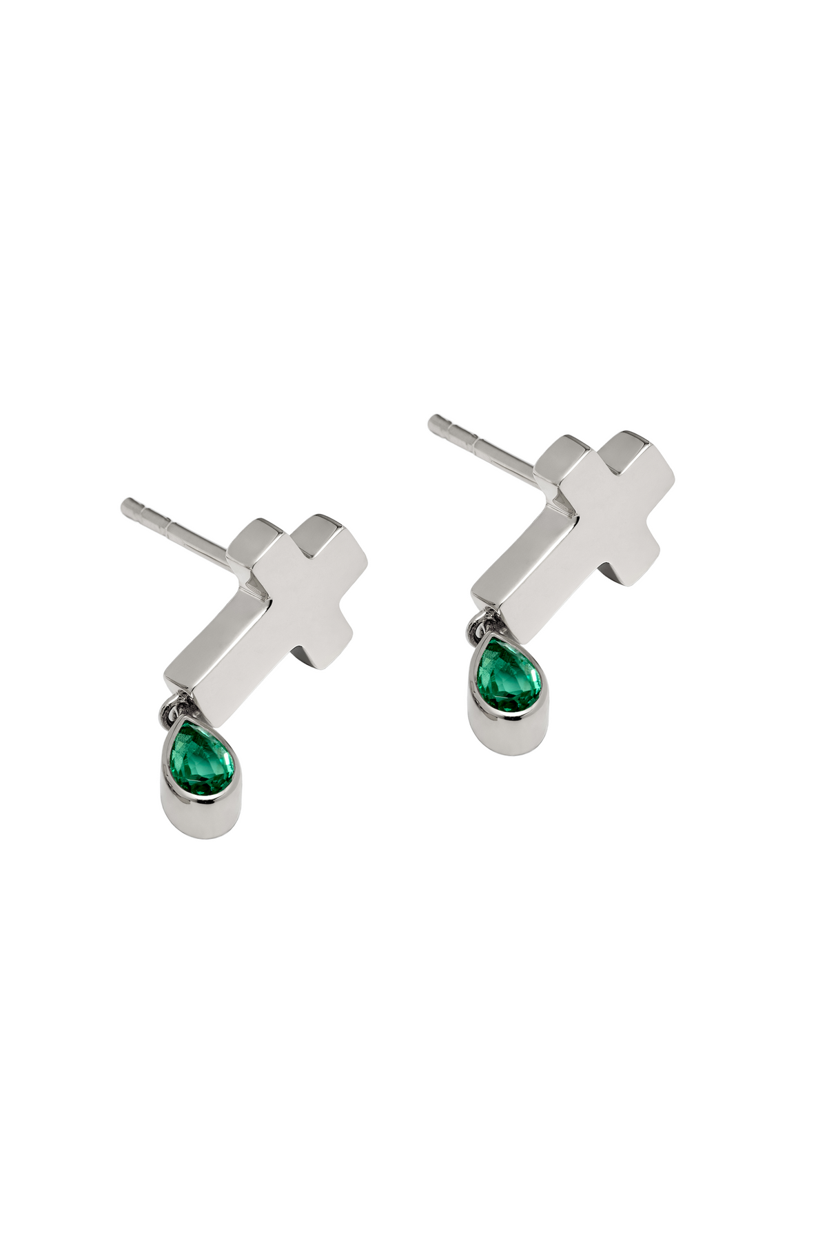 Silver Emerald Cross Studs