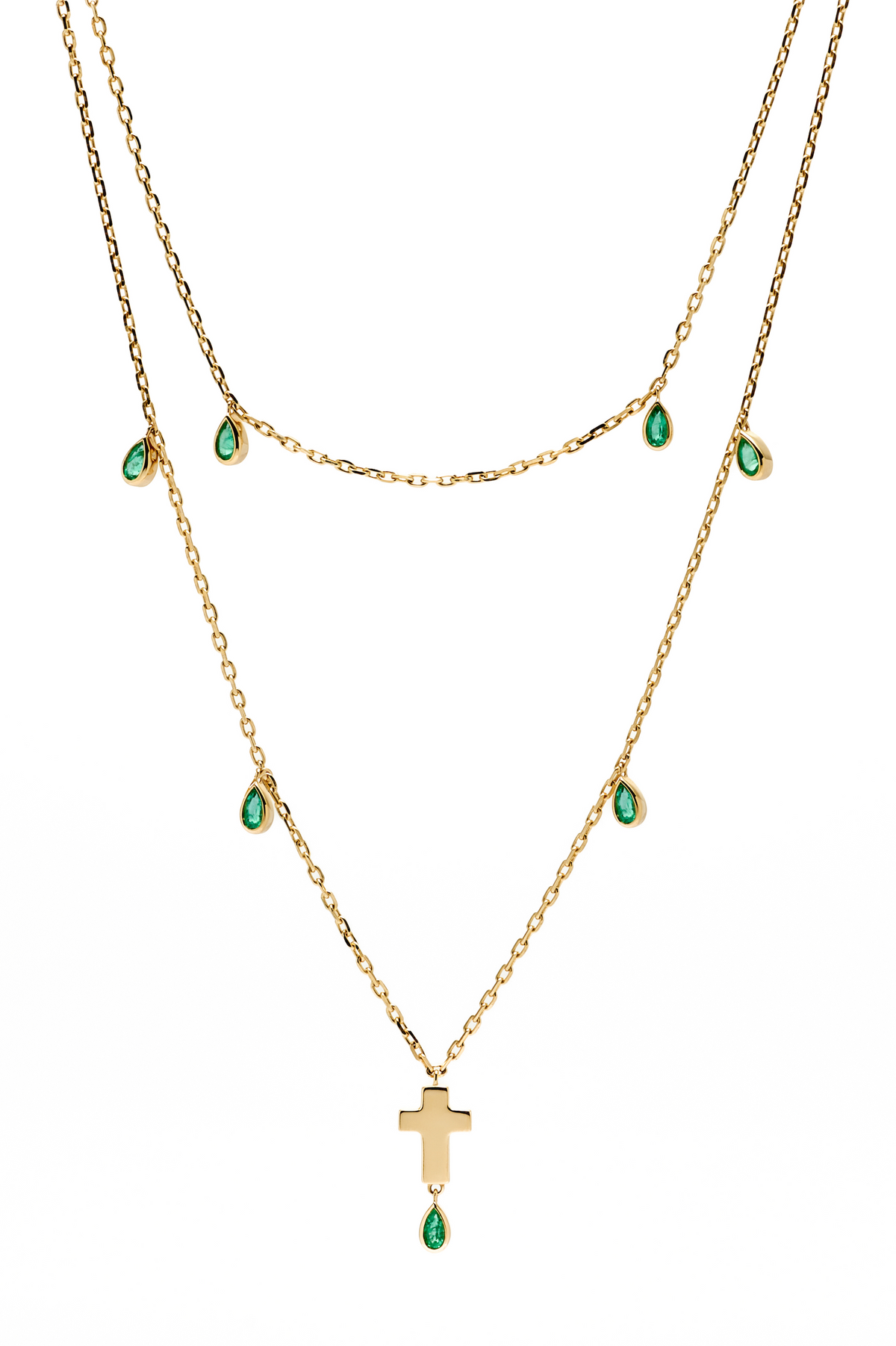 Double Strand Gold and Emerald Cross Necklace