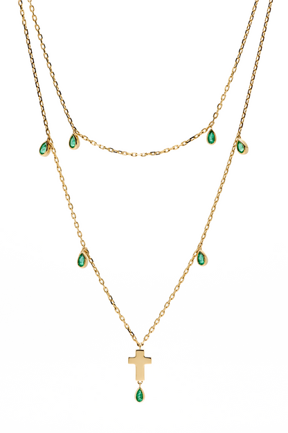Double Strand Gold and Emerald Cross Necklace
