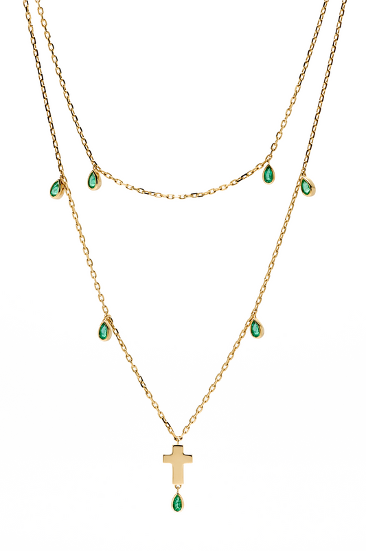Double Strand Gold and Emerald Cross Necklace
