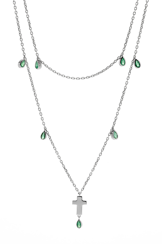 Double Strand Silver and Emerald Cross Necklace