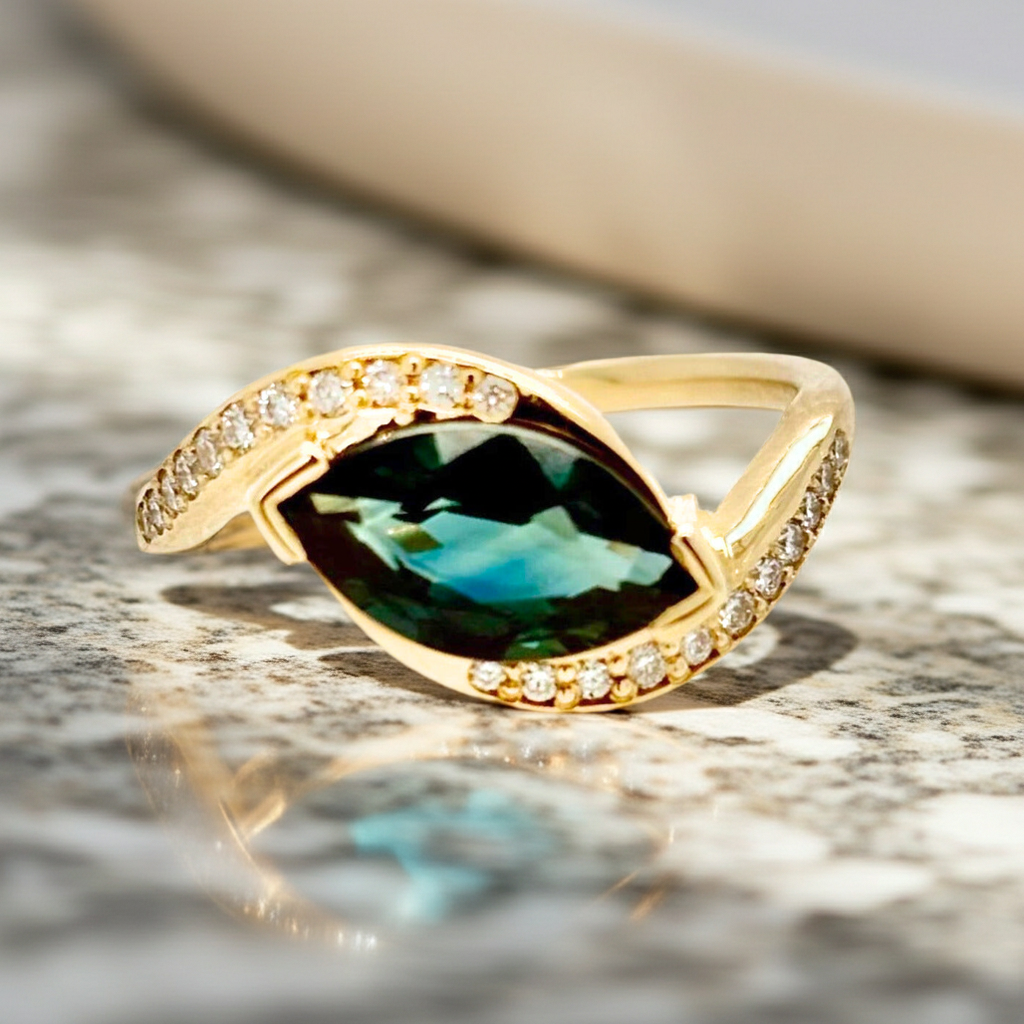 1.5 ct Teal Blue Sapphire Marquise Engagement Ring | SUREFIRE FINE JEWELRY | 14K Gold