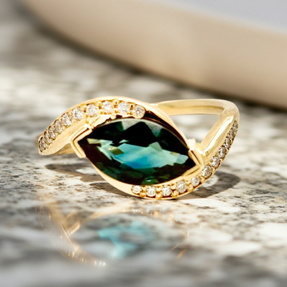 1.5 ct Teal Blue Sapphire Marquise Engagement Ring | SUREFIRE FINE JEWELRY | 14K Gold