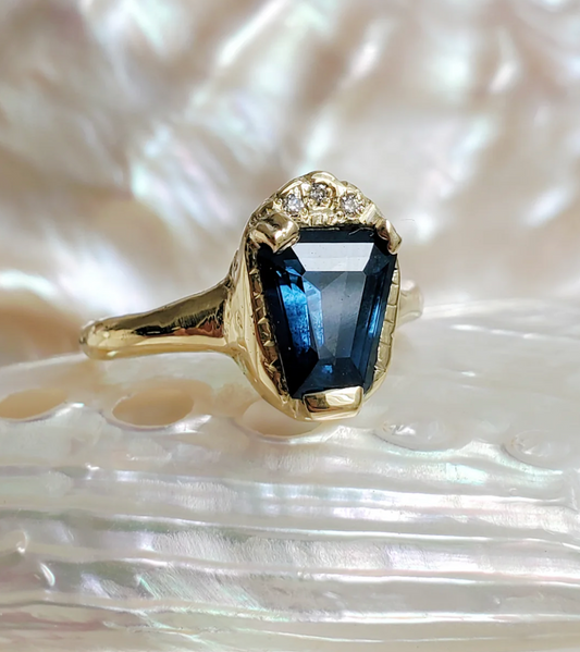 Royal Blue Sapphire Shield Engagement Ring | COMMUNION BY JOY | Surefire Fine Jewelry | 14K Gold