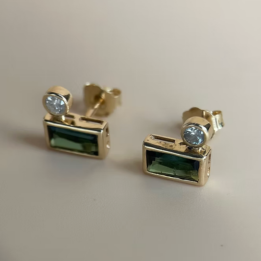 Green Tourmaline Studs w/ Accent Diamonds