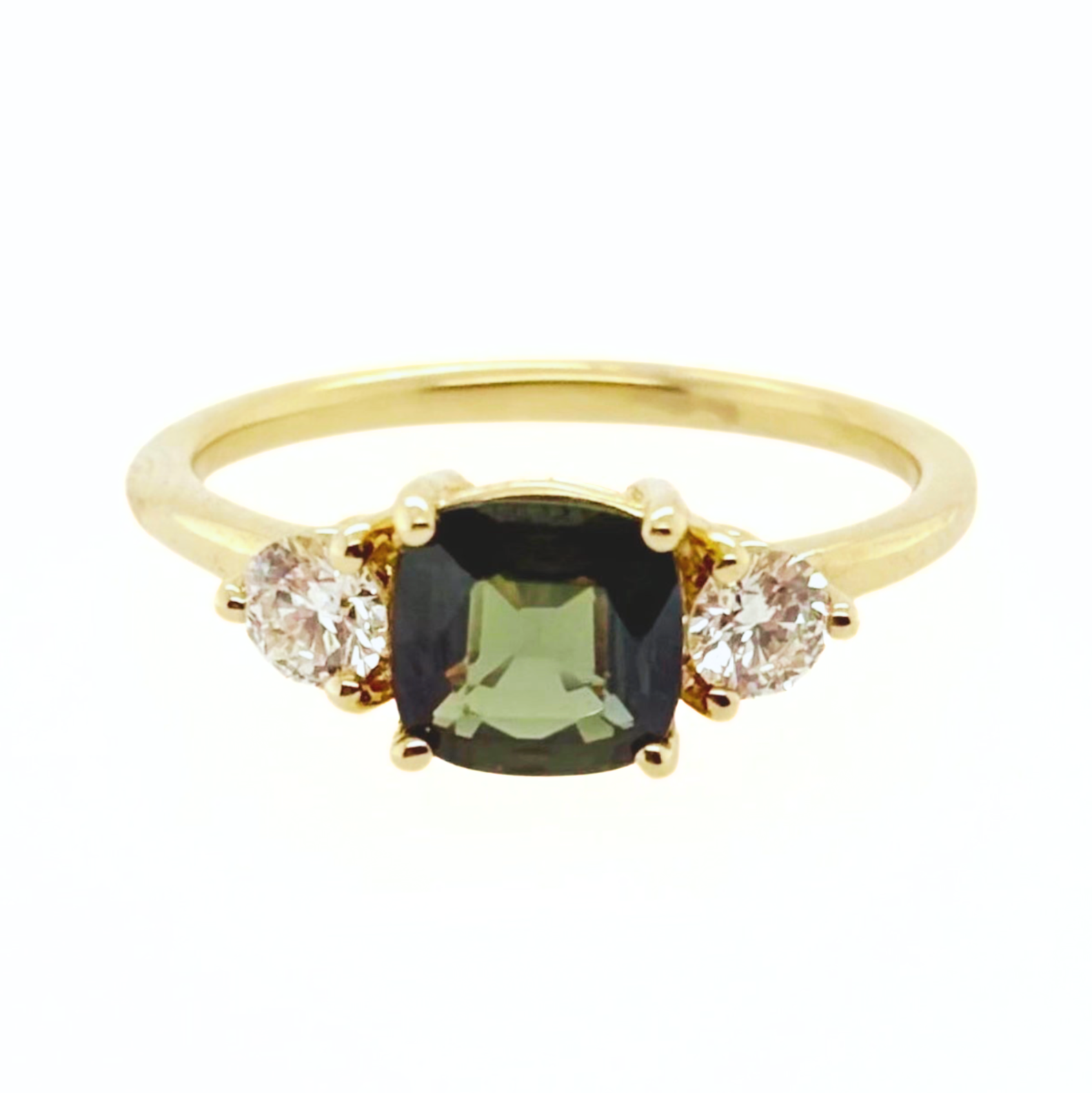 Three Stone Teal Blue Green Sapphire Ring With Diamond Side Stones | SUREFIRE FINE JEWELRY | 14K Gold