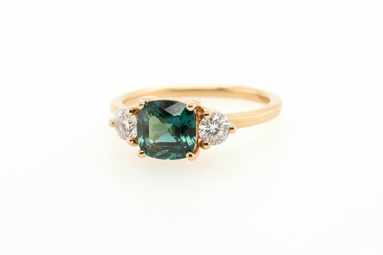 Three Stone Teal Blue Green Sapphire Ring With Diamond Side Stones | SUREFIRE FINE JEWELRY | 14K Gold