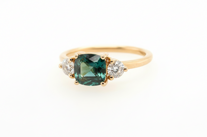 Three Stone Teal Blue Green Sapphire Ring With Diamond Side Stones | SUREFIRE FINE JEWELRY | 14K Gold