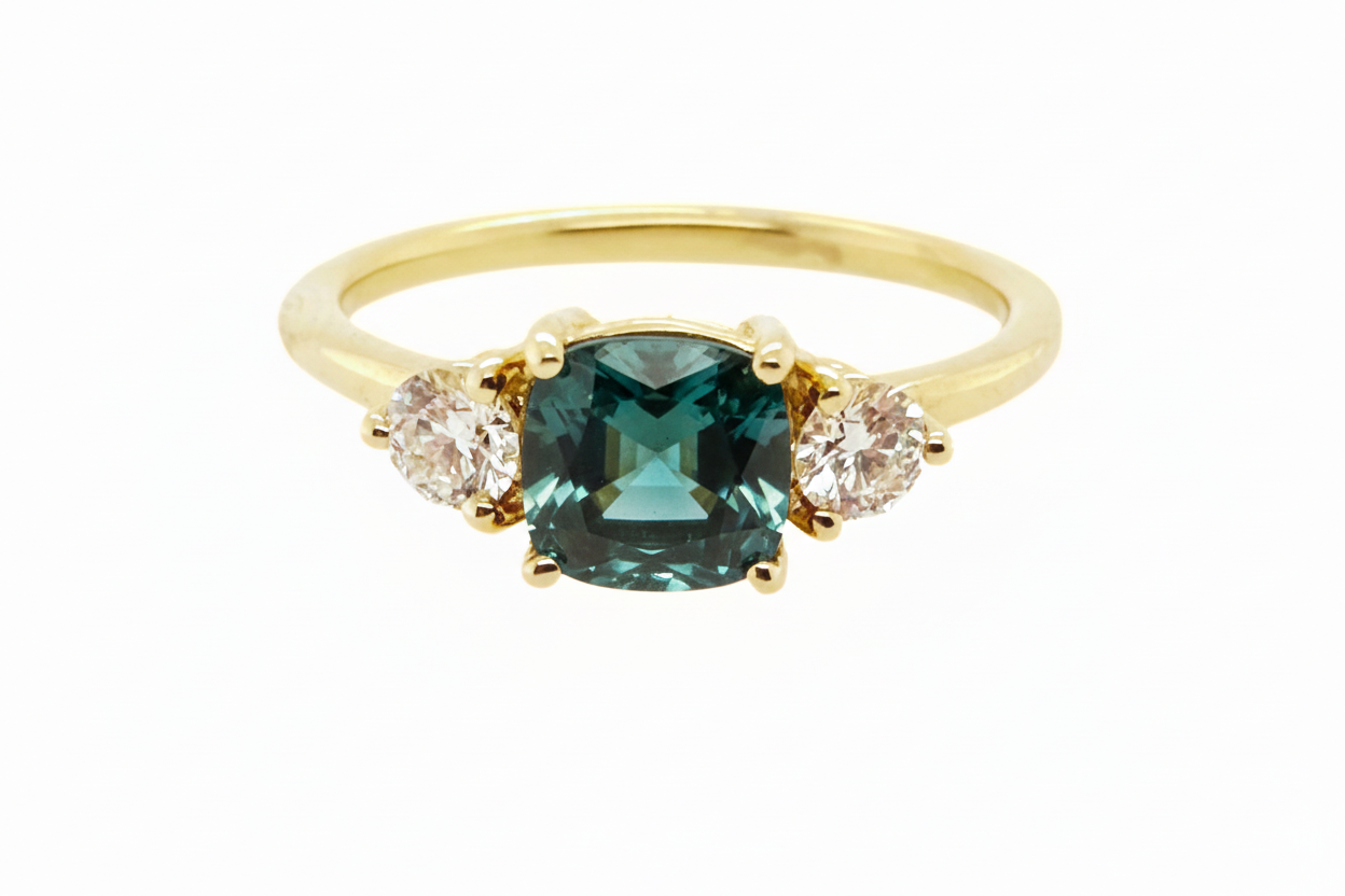 Three Stone Teal Blue Green Sapphire Ring With Diamond Side Stones | SUREFIRE FINE JEWELRY | 14K Gold