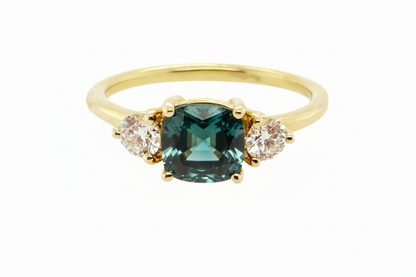 Three Stone Teal Blue Green Sapphire Ring With Diamond Side Stones | SUREFIRE FINE JEWELRY | 14K Gold