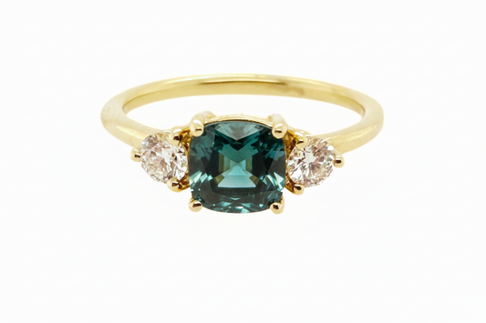 Three Stone Teal Blue Green Sapphire Ring With Diamond Side Stones | SUREFIRE FINE JEWELRY | 14K Gold