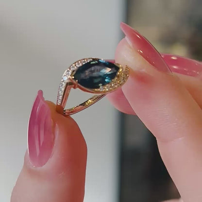 1.5 ct Teal Blue Sapphire Marquise Engagement Ring | SUREFIRE FINE JEWELRY | 14K Gold