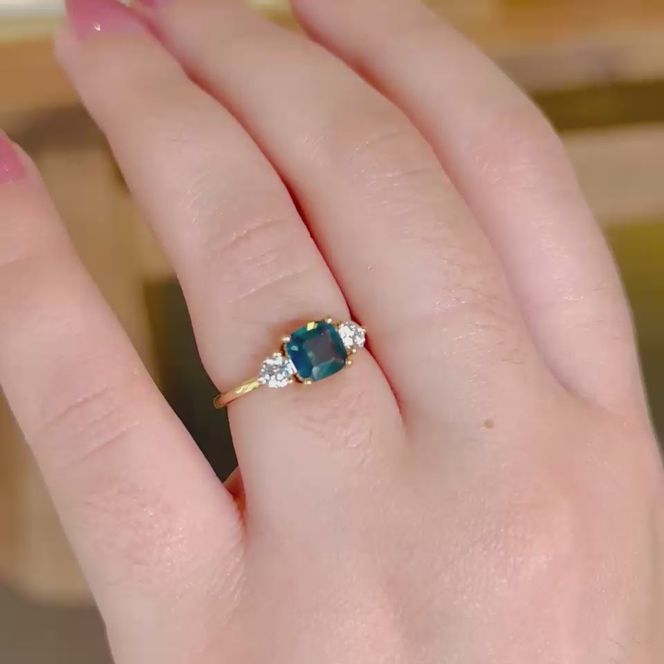 Video of Three Stone Teal Blue Green Sapphire Ring With Diamond Side Stones | SUREFIRE FINE JEWELRY | 14K Gold