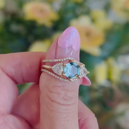 1.25 ct Hexagon Teal Green Sapphire and Diamond Engagement Ring | SUREFIRE FINE JEWELRY | 14K Gold