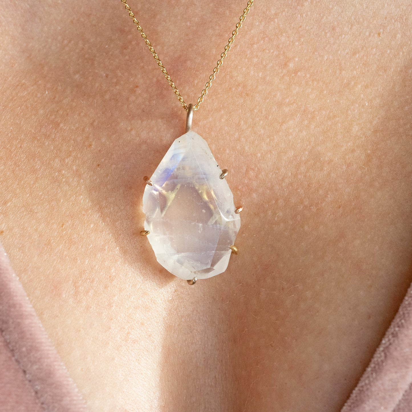 Rainbow Moonstone Large Stone Pendant with Yellow Gold Cable Chain