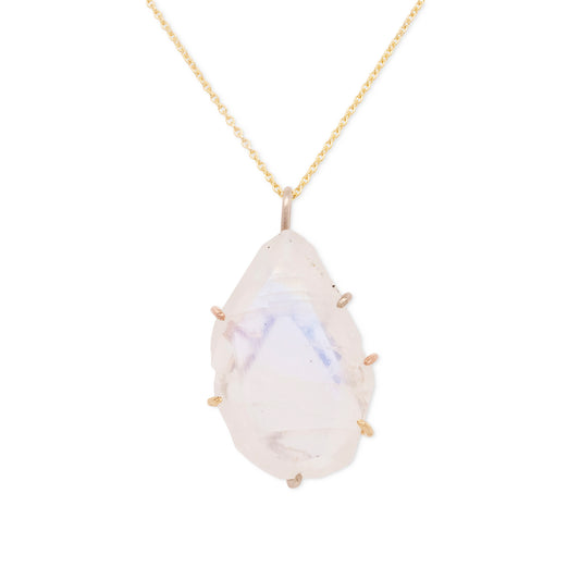 Rainbow Moonstone Large Stone Pendant with Yellow Gold Cable Chain